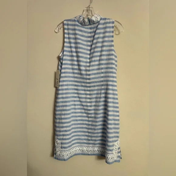 ELIZA J Sleeveless Shift Mini Embroidered Dress Blue White Stripe Size 10 - Picture 5 of 5